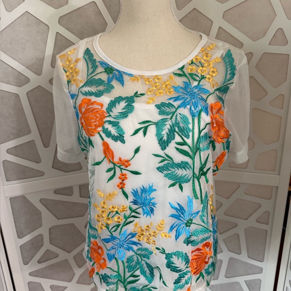 Grand & Greene Floral Embroidered Blouse - White, Orange, Green, Blue, Yellow